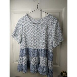 Paper Crane Woman S Babydoll Tiered Blouse Blue White Cottage Core Casual SS